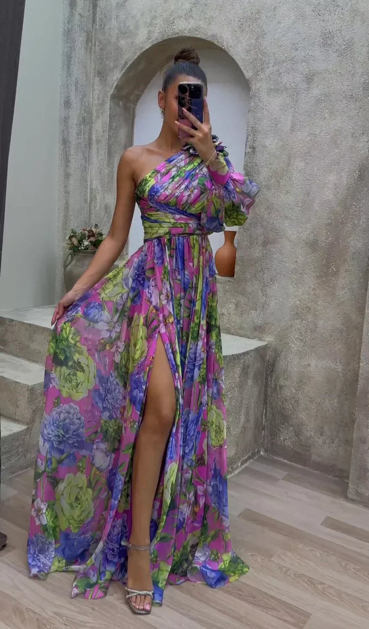 Alexa – Floral One-Shoulder Puff-Sleeve Maxi Dress