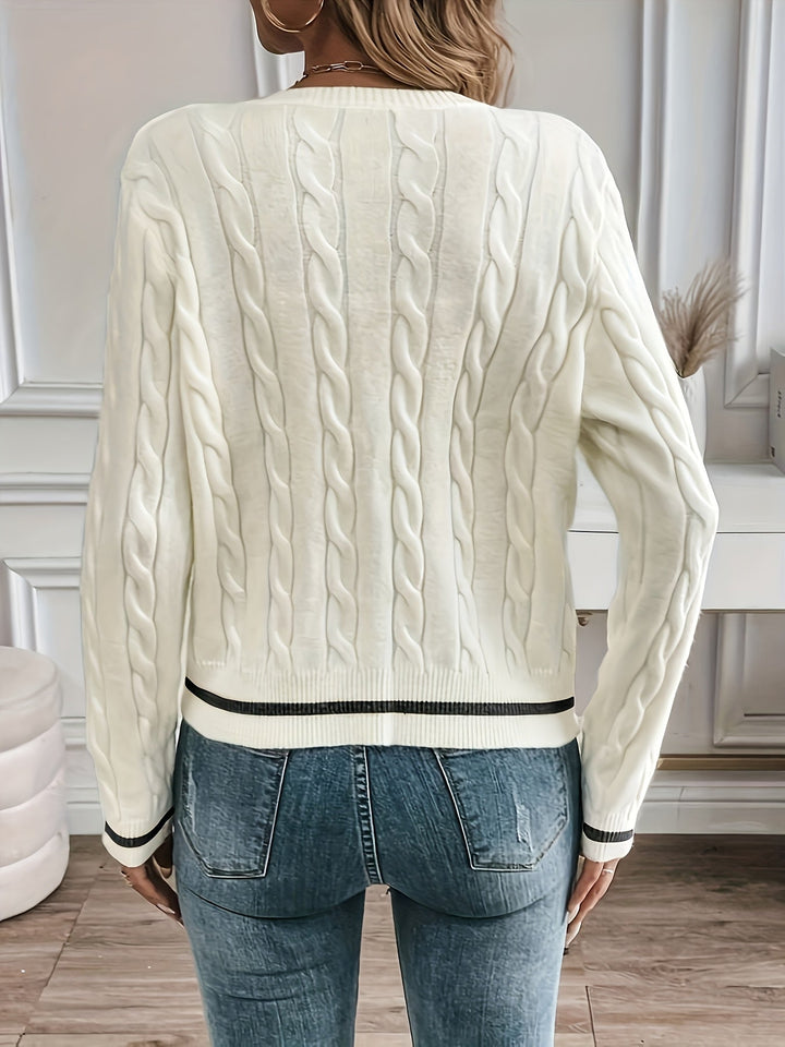 Annabeth – Cable-Stitch Button-Front Cardigan with Contrast Trim for Women