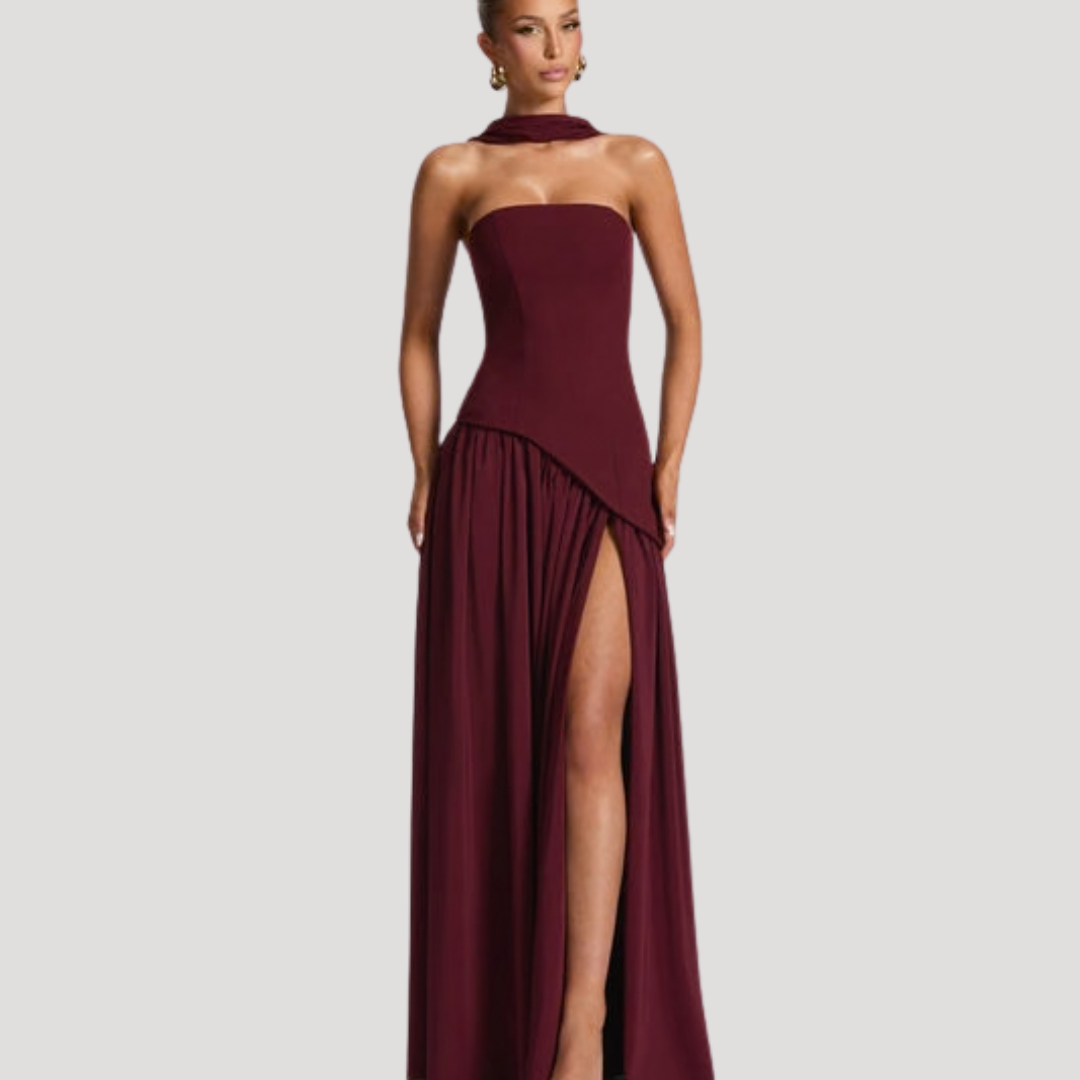 Juliet – Strapless Pleated Maxi Dress with Neck Scarf Detail