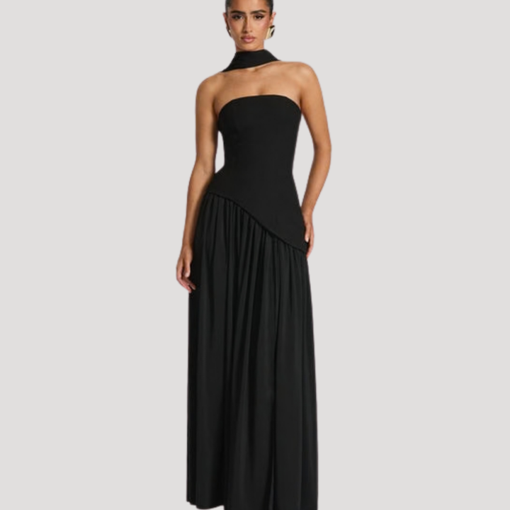 Juliet – Strapless Pleated Maxi Dress with Neck Scarf Detail