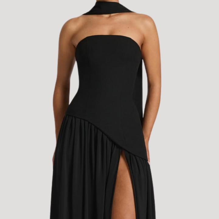 Juliet – Strapless Pleated Maxi Dress with Neck Scarf Detail