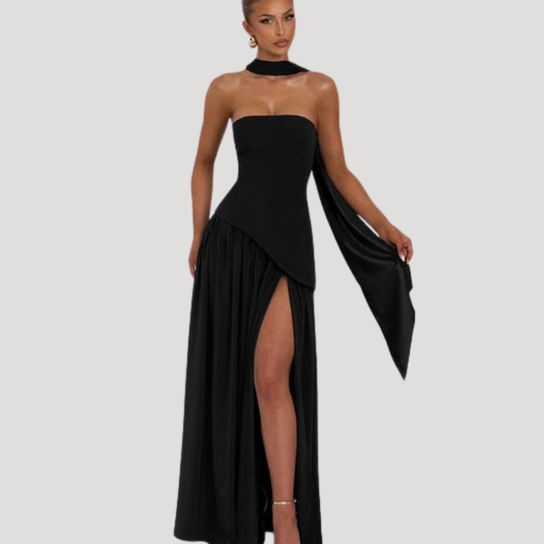 Juliet – Strapless Pleated Maxi Dress with Neck Scarf Detail