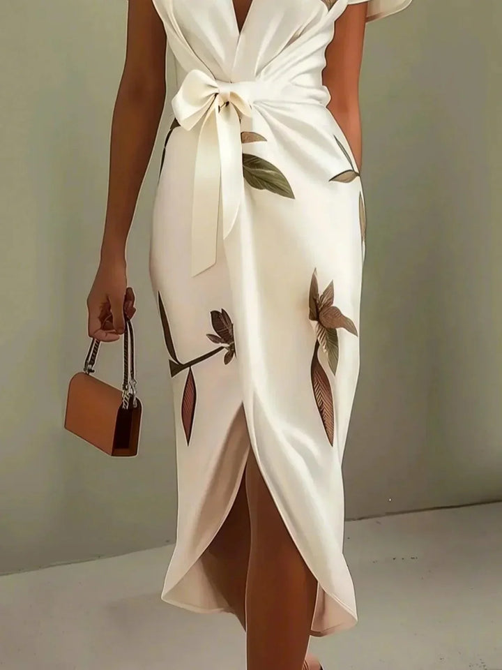 Harriet | Leaf Print Wrap Midi Dress with Tie Belt