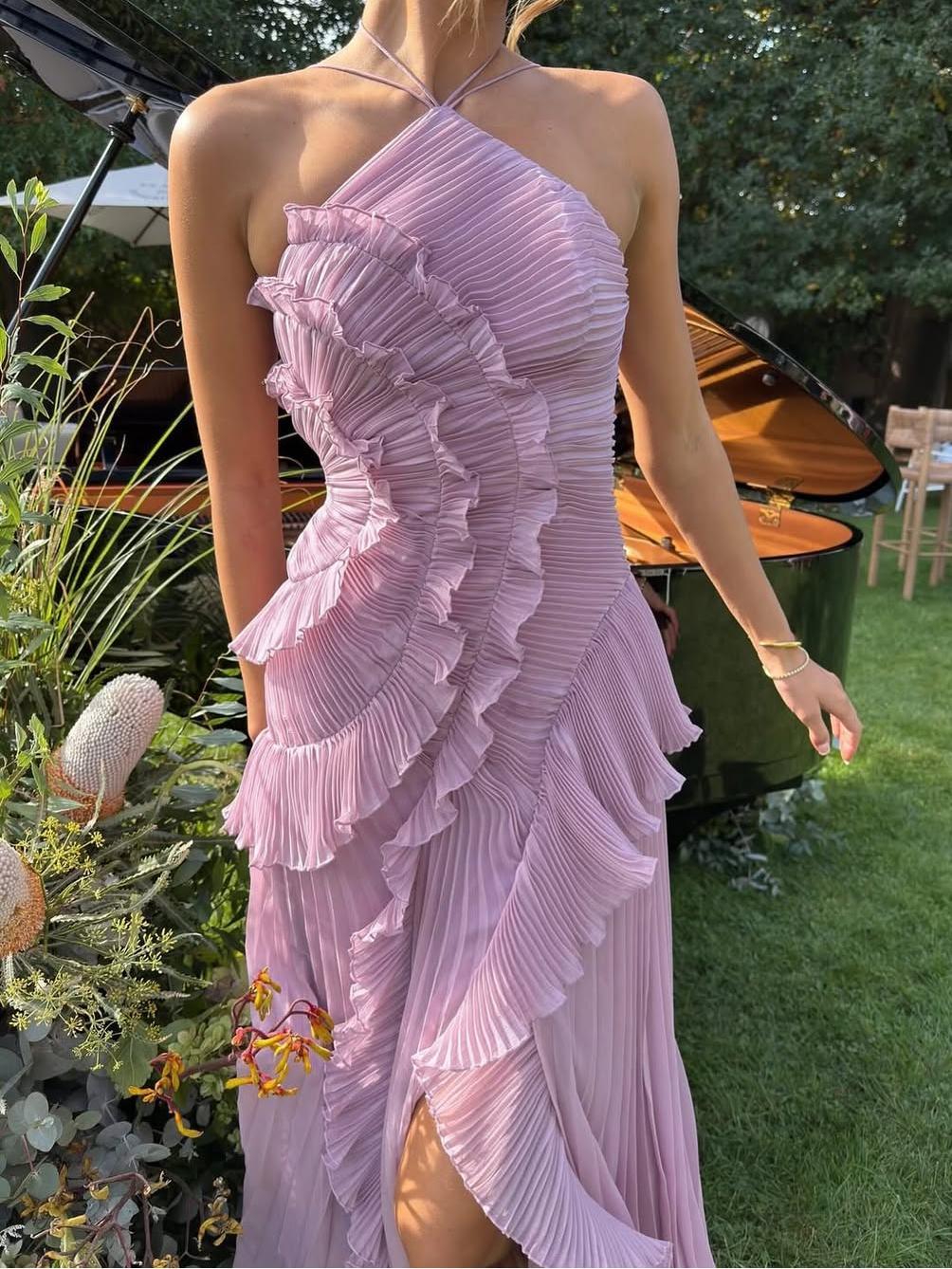 Vivienne – Pleated Halter Maxi Dress with Cascade Ruffle