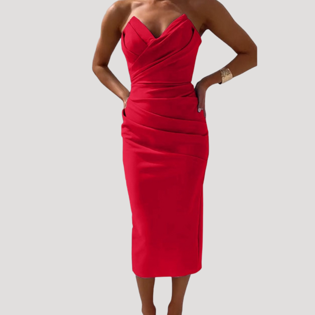 Kendall – Strapless Ruched Bodycon Midi Dress
