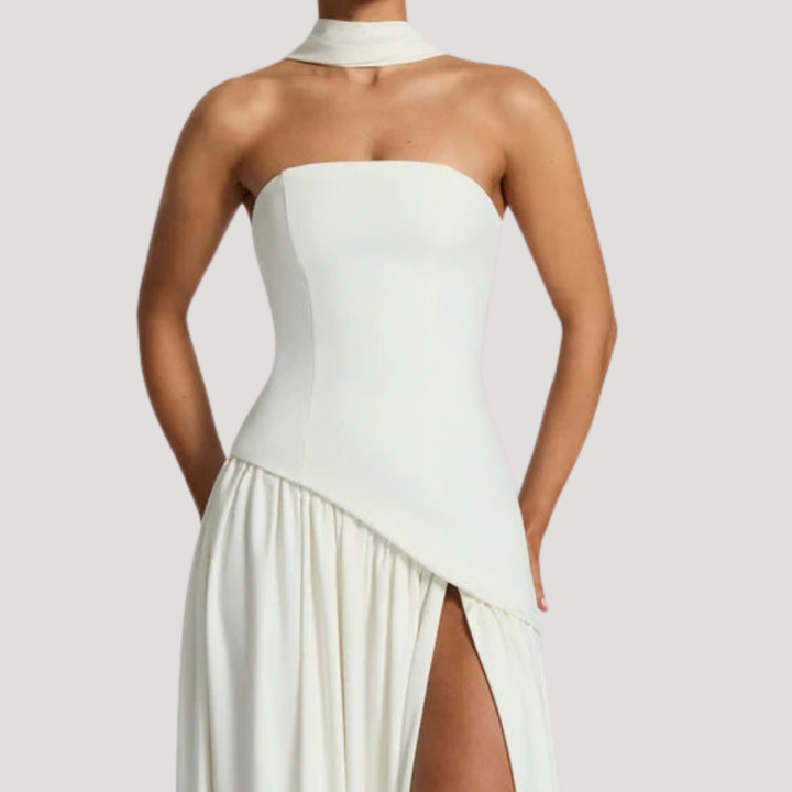 Juliet – Strapless Pleated Maxi Dress with Neck Scarf Detail