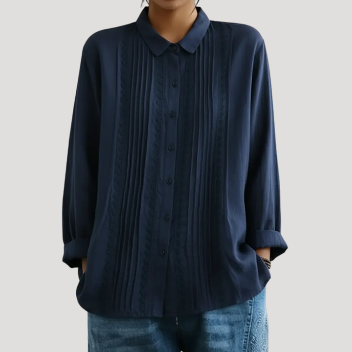 Mackenzie – Pleated Button-Down Blouse with Openwork Trim