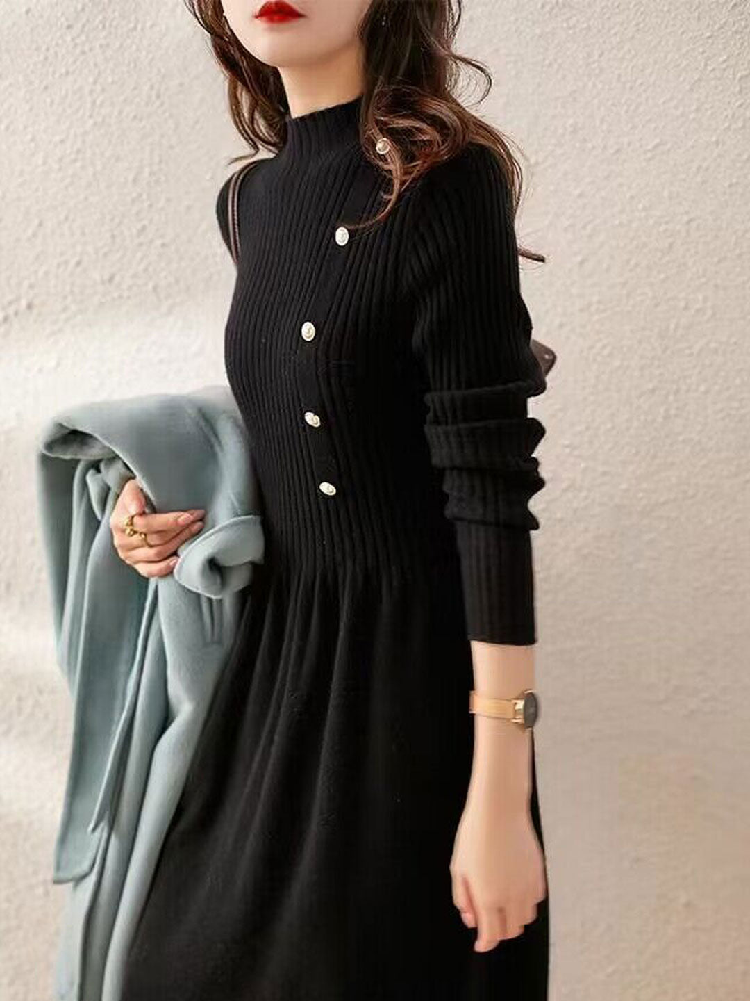 Poppy – Mock Neck Ribbed Midi Sweater Dress for Women