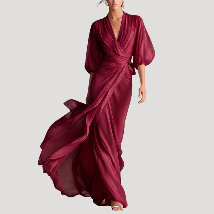 Kayla – Flowing Wrap Maxi Dress with Bishop Sleeves