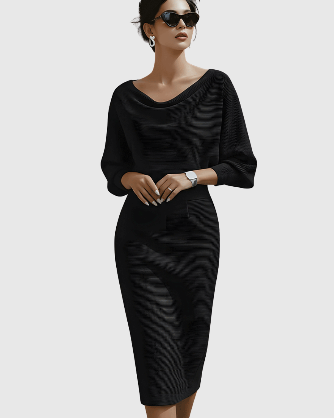 Genevieve – Draped Cowl-Neck Bodycon Midi Dress