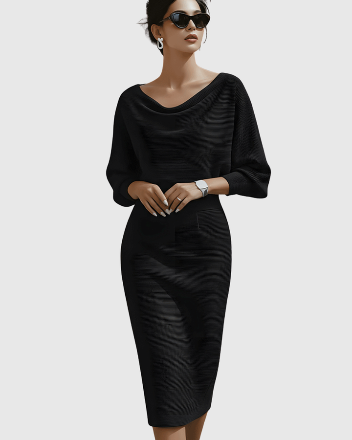 Genevieve – Draped Cowl-Neck Bodycon Midi Dress