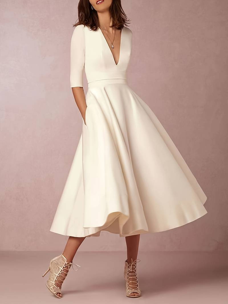 Melody – Wedding Guest Flared Midi Dress with V Neck