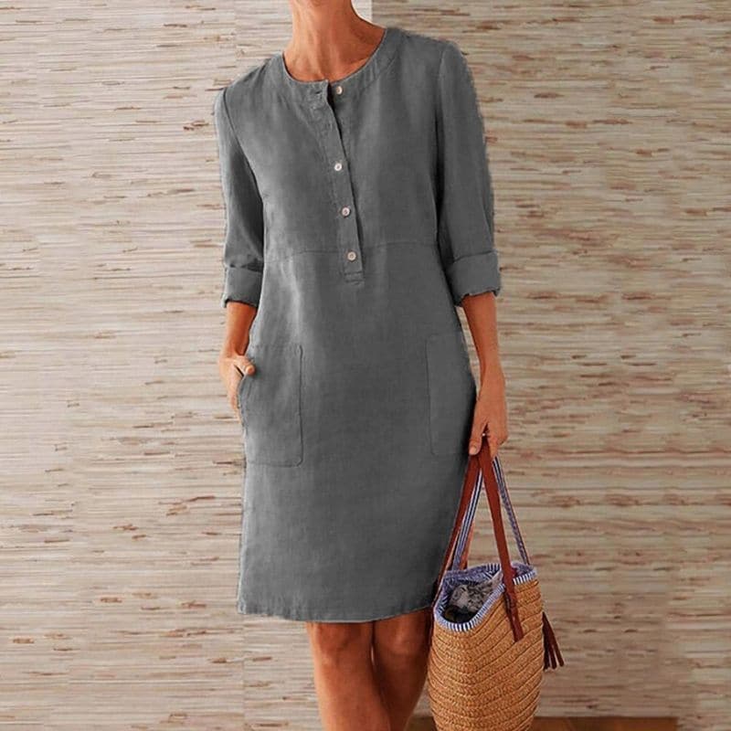 Yolanda – Button-Front Shift Dress with Side Pockets