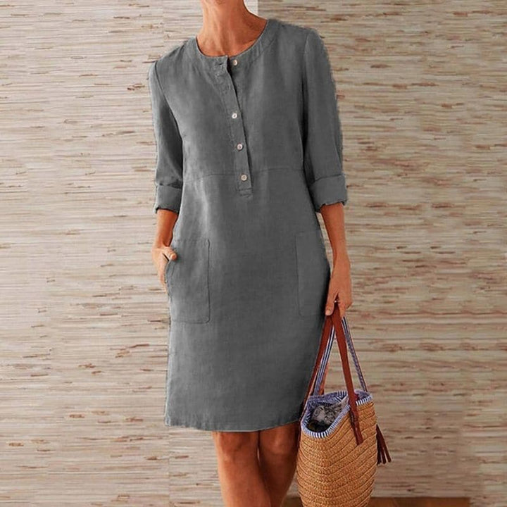 Yolanda – Button-Front Shift Dress with Side Pockets