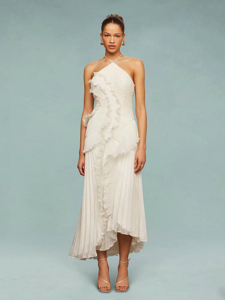 Vivienne – Pleated Halter Maxi Dress with Cascade Ruffle