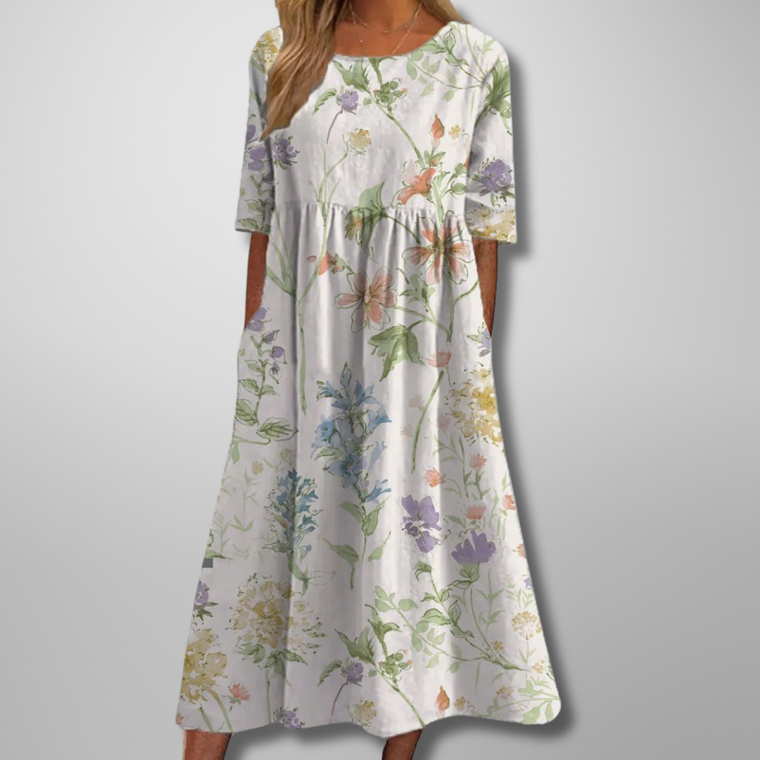 Carolyn – Elegant Floral Midi Dress with a Relaxed A-Line Silhouette