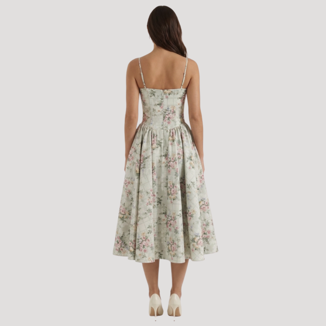 Kendra – Bustier Midi Dress with Gathered A-Line Skirt