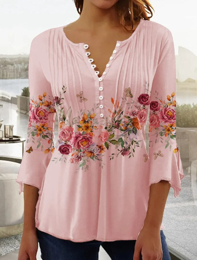 Angelica – Floral Print Pintuck Blouse with Button Placket