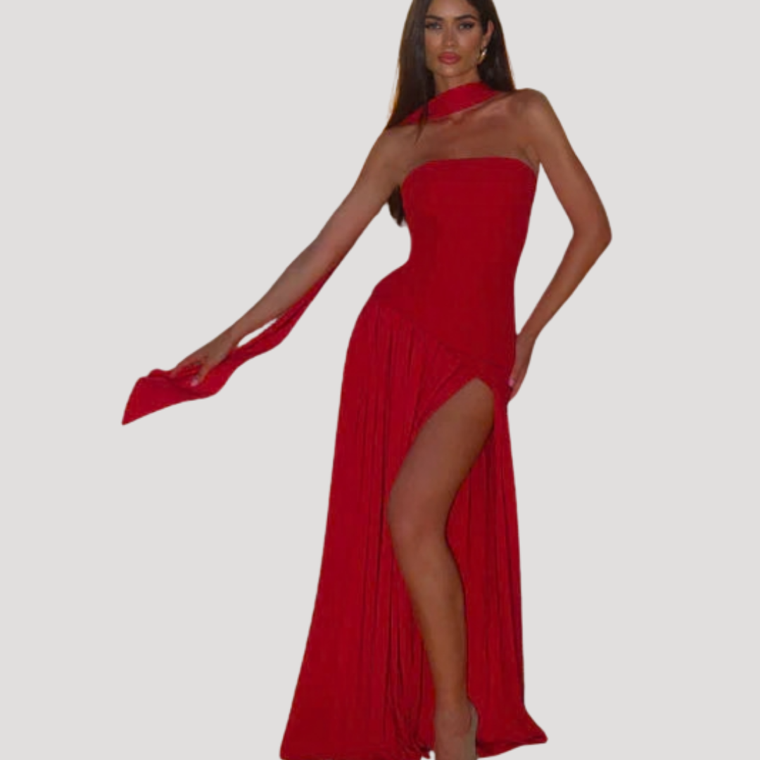 Juliet – Strapless Pleated Maxi Dress with Neck Scarf Detail
