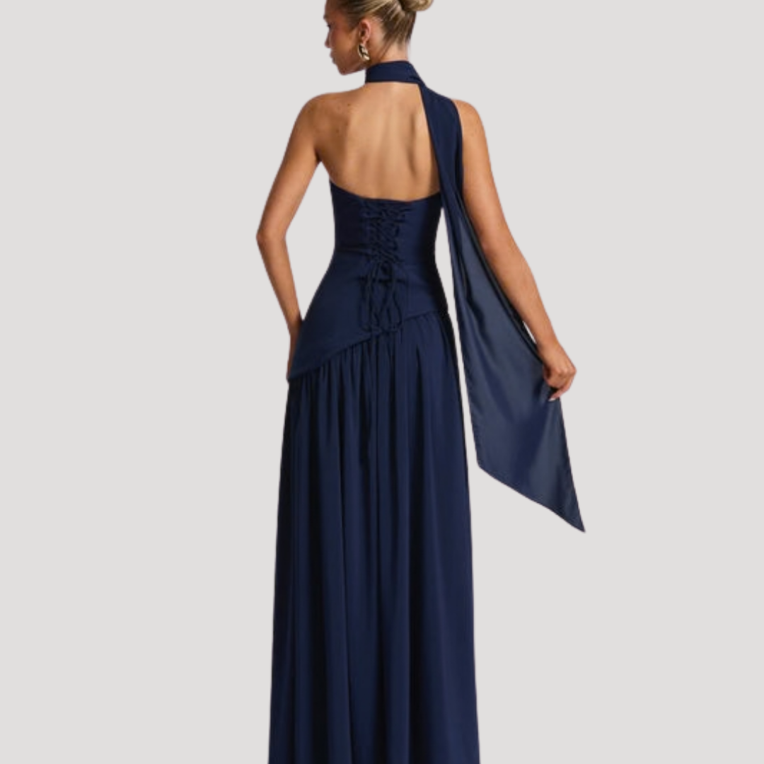 Juliet – Strapless Pleated Maxi Dress with Neck Scarf Detail
