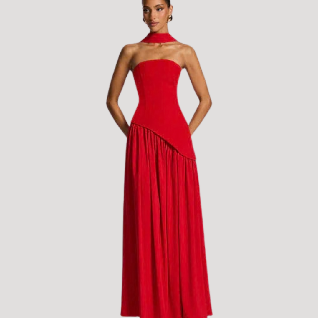 Juliet – Strapless Pleated Maxi Dress with Neck Scarf Detail