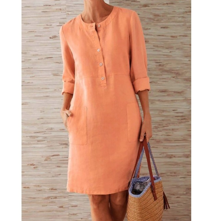 Yolanda – Button-Front Shift Dress with Side Pockets