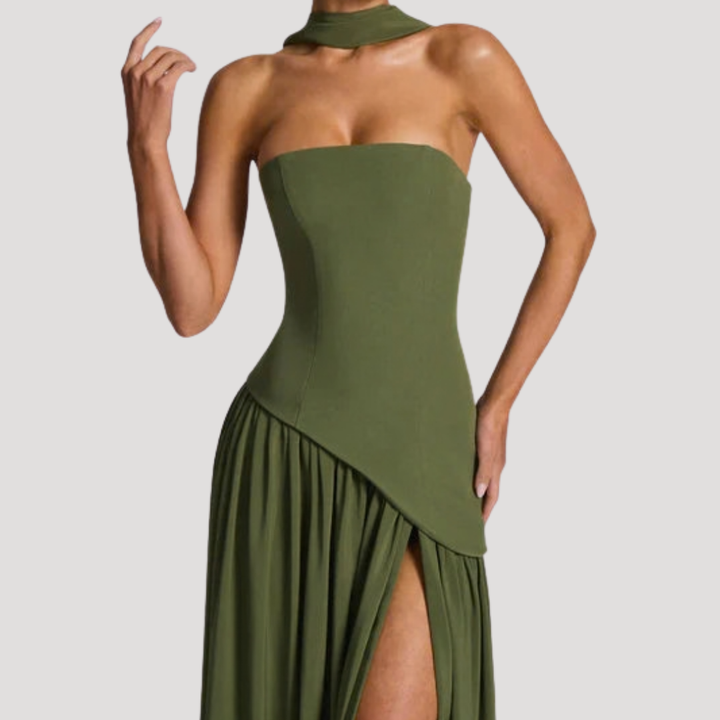 Juliet – Strapless Pleated Maxi Dress with Neck Scarf Detail