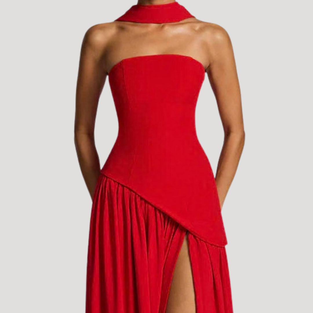 Juliet – Strapless Pleated Maxi Dress with Neck Scarf Detail