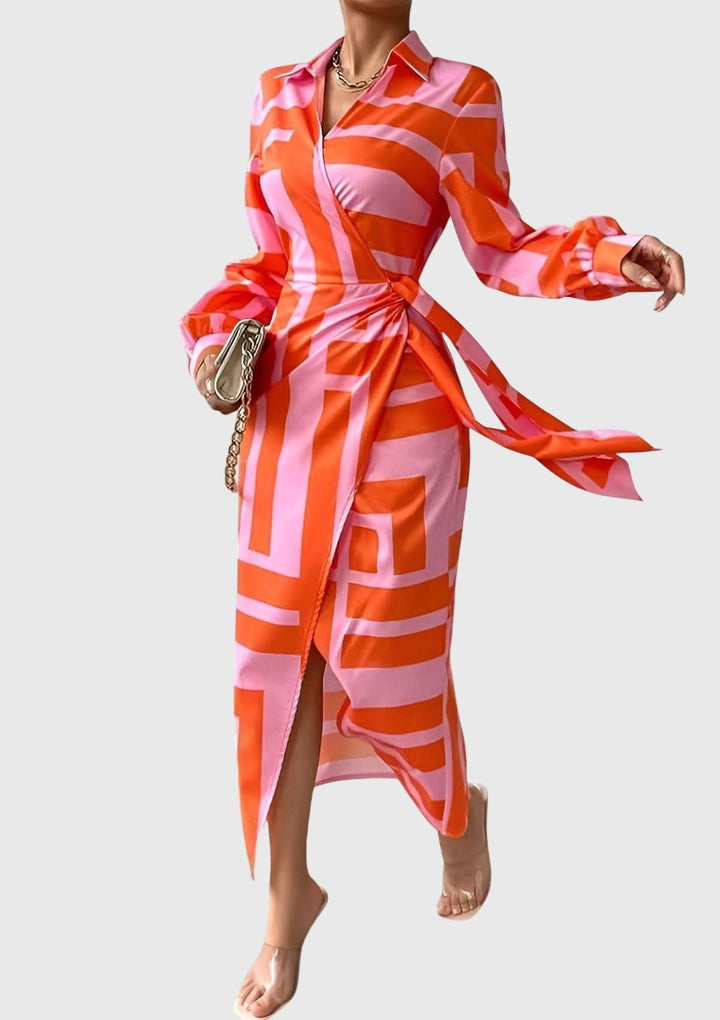 Marlene – Long-Sleeve Collared Wrap Midi Dress