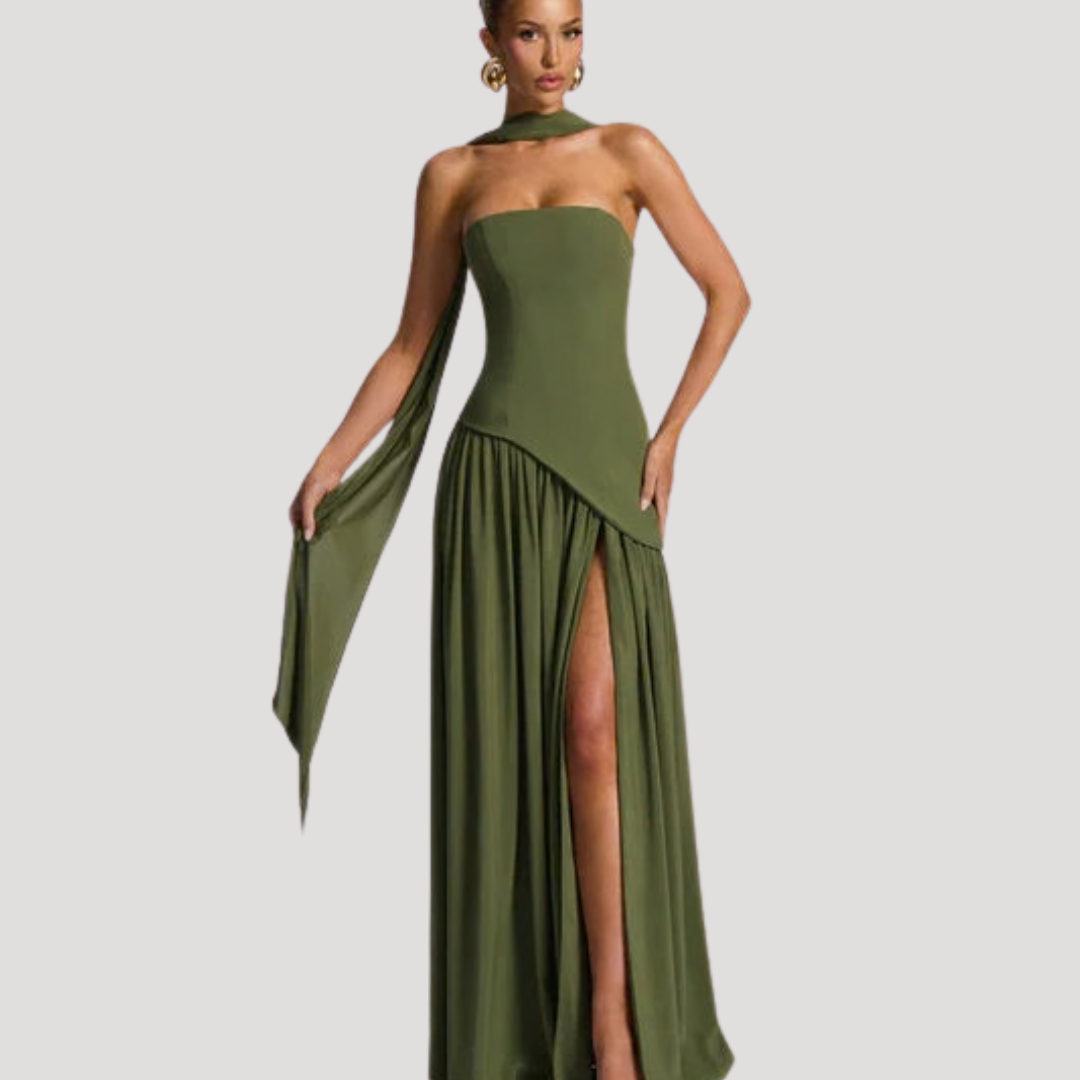 Juliet – Strapless Pleated Maxi Dress with Neck Scarf Detail