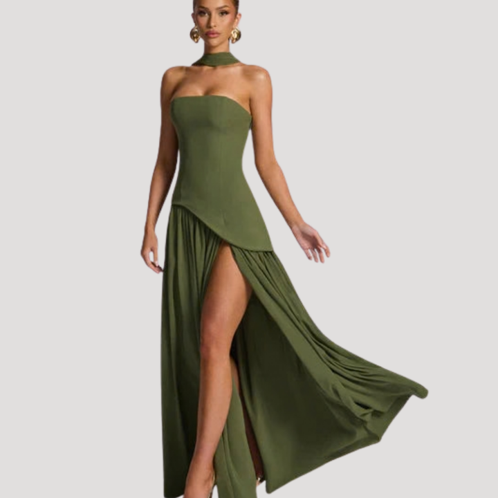 Juliet – Strapless Pleated Maxi Dress with Neck Scarf Detail