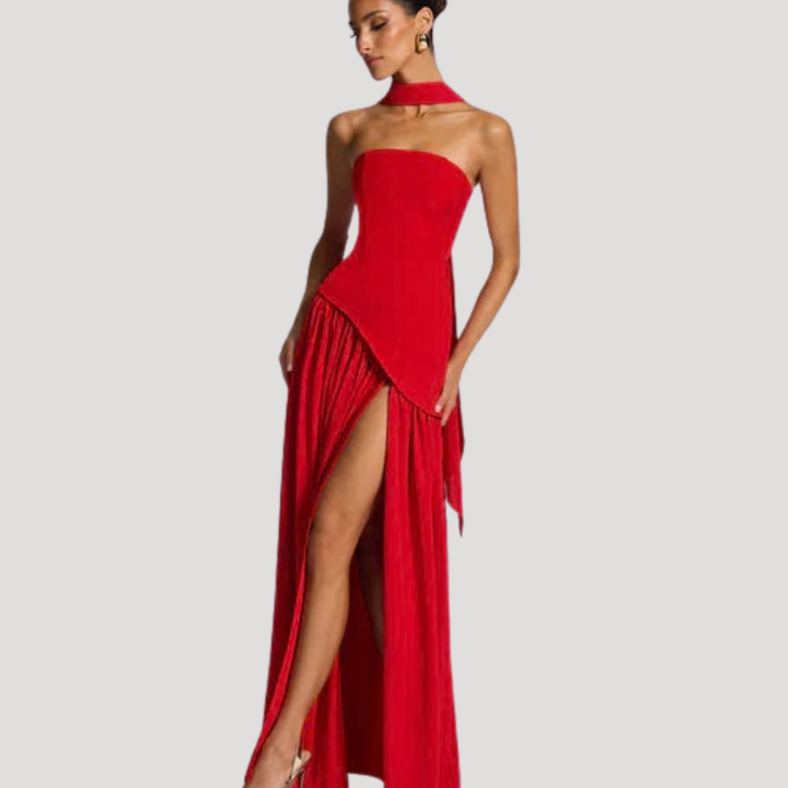 Juliet – Strapless Pleated Maxi Dress with Neck Scarf Detail