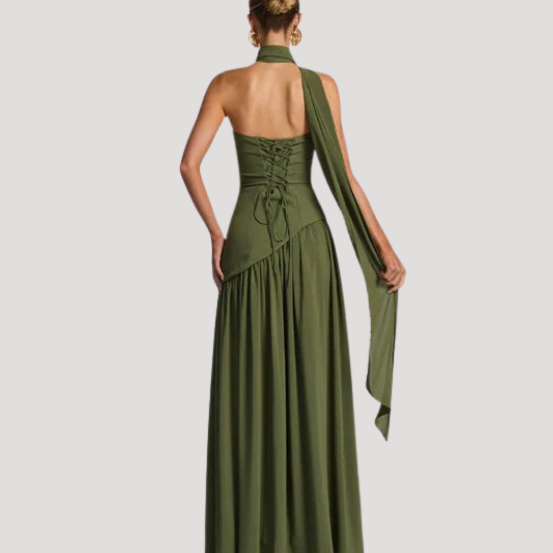Juliet – Strapless Pleated Maxi Dress with Neck Scarf Detail
