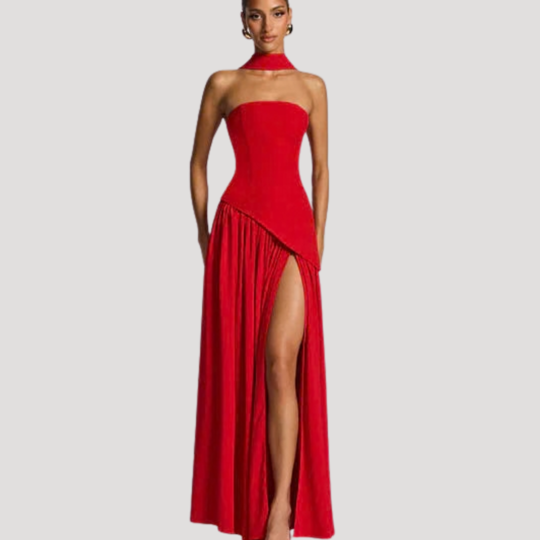 Juliet – Strapless Pleated Maxi Dress with Neck Scarf Detail