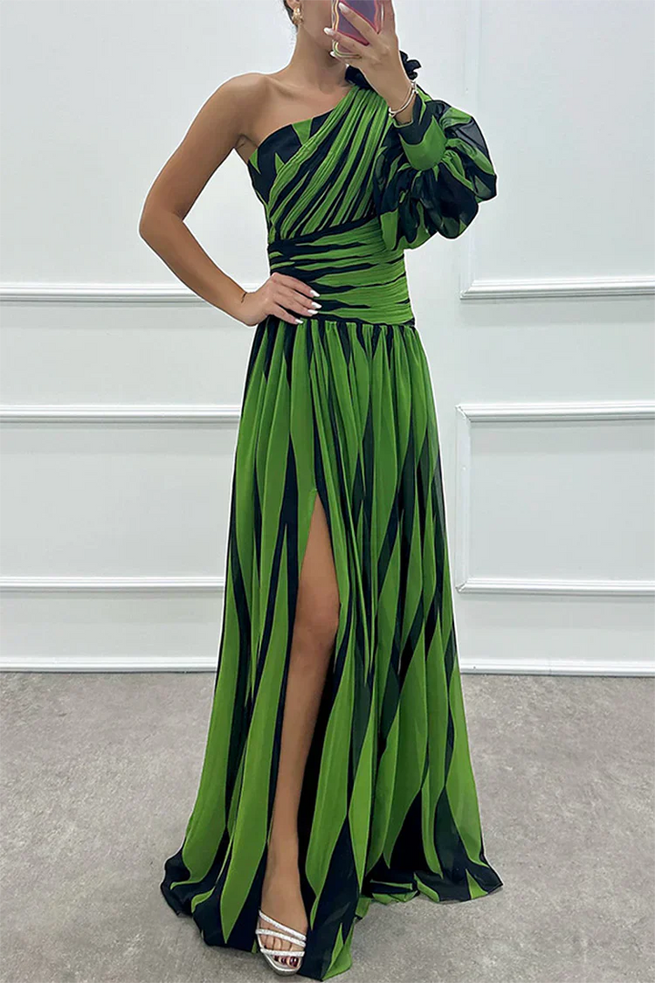 Adelaide | Striped One-Shoulder Maxi Dress with Front Slit