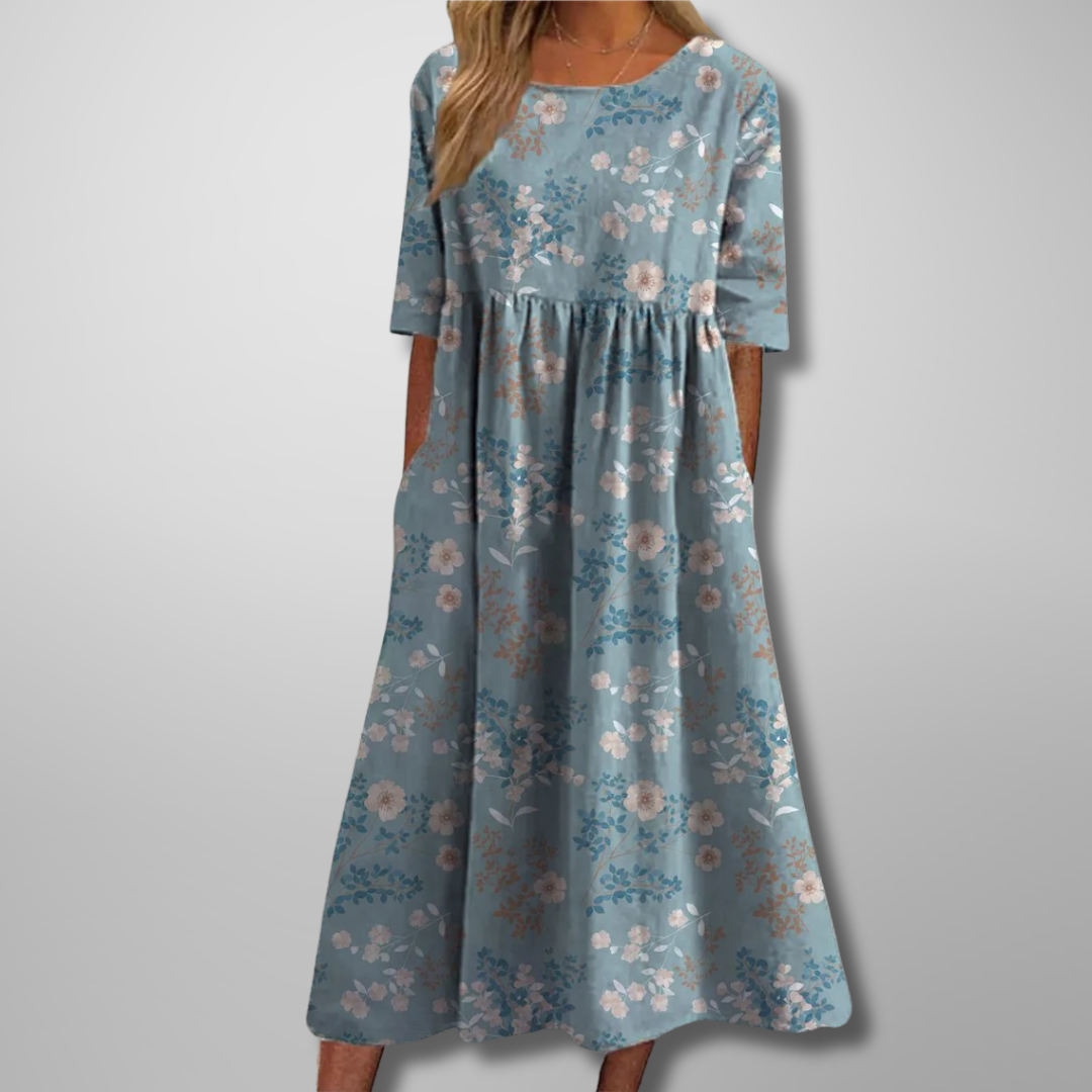 Carolyn – Elegant Floral Midi Dress with a Relaxed A-Line Silhouette
