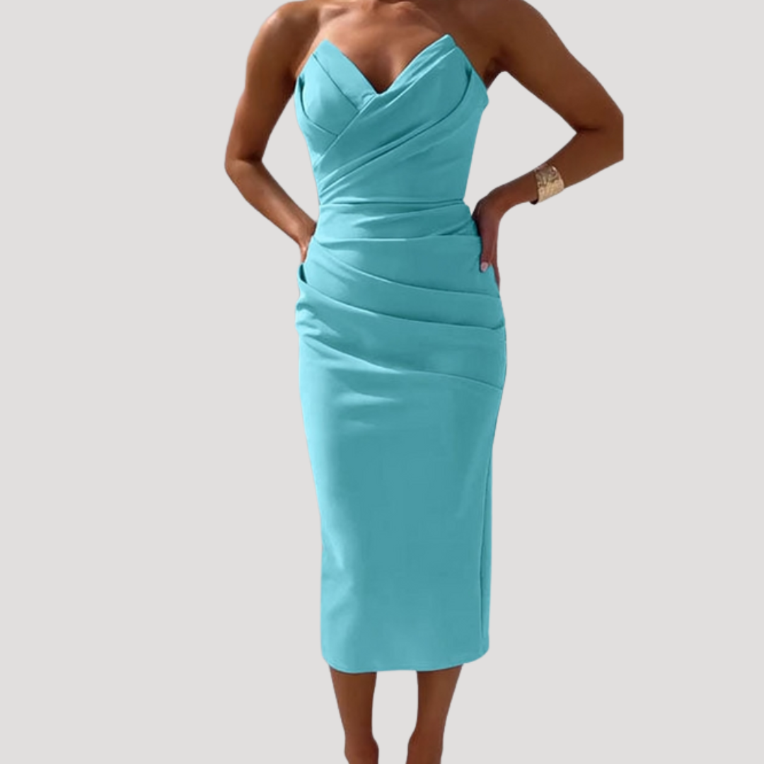 Kendall – Strapless Ruched Bodycon Midi Dress