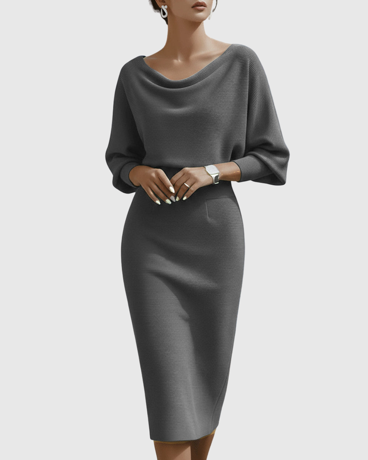 Genevieve – Draped Cowl-Neck Bodycon Midi Dress