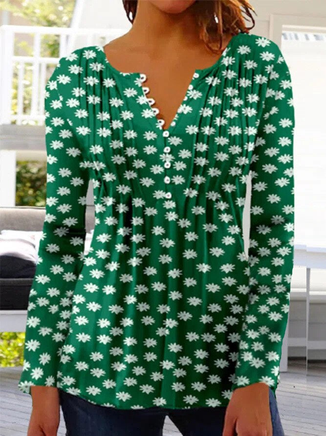 Angelica – Floral Print Pintuck Blouse with Button Placket