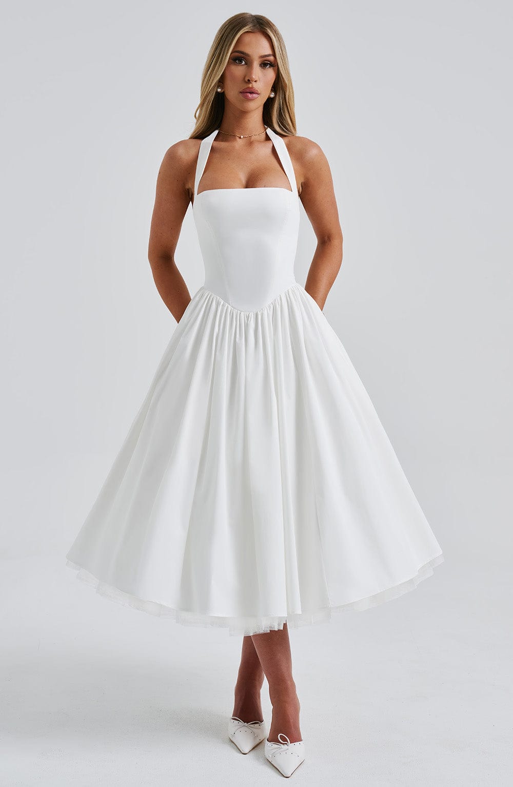 Emily – Halter A-Line Midi Wedding Guest Dress