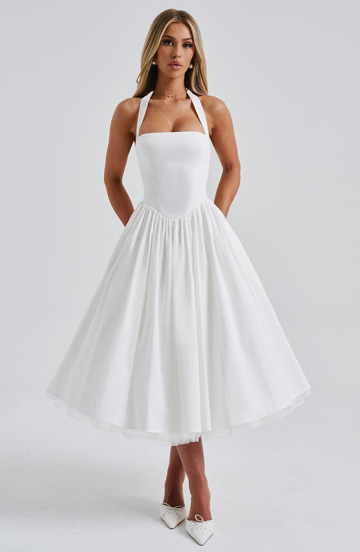 Emily – Halter A-Line Midi Wedding Guest Dress