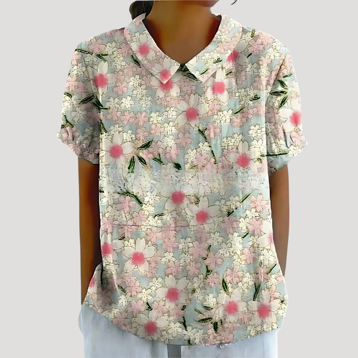 Lana – Floral Print Collared Short Sleeve Blouse