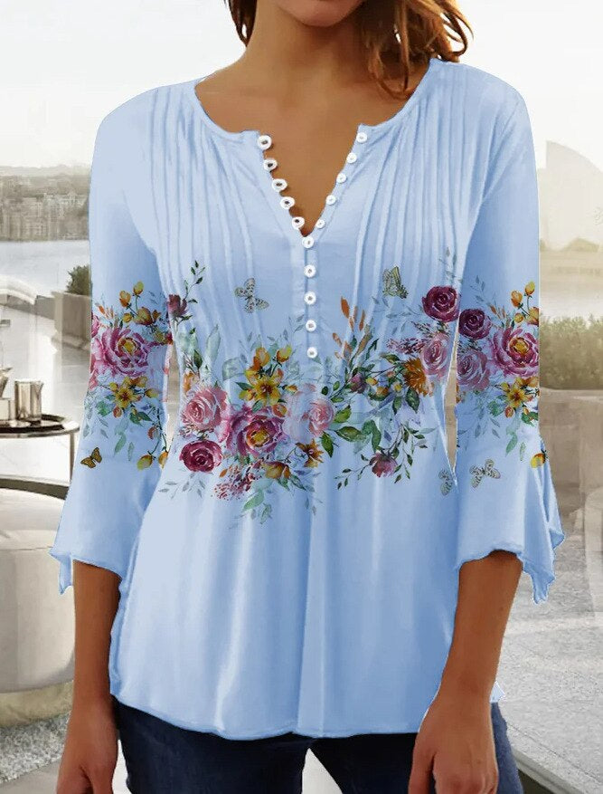 Angelica – Floral Print Pintuck Blouse with Button Placket