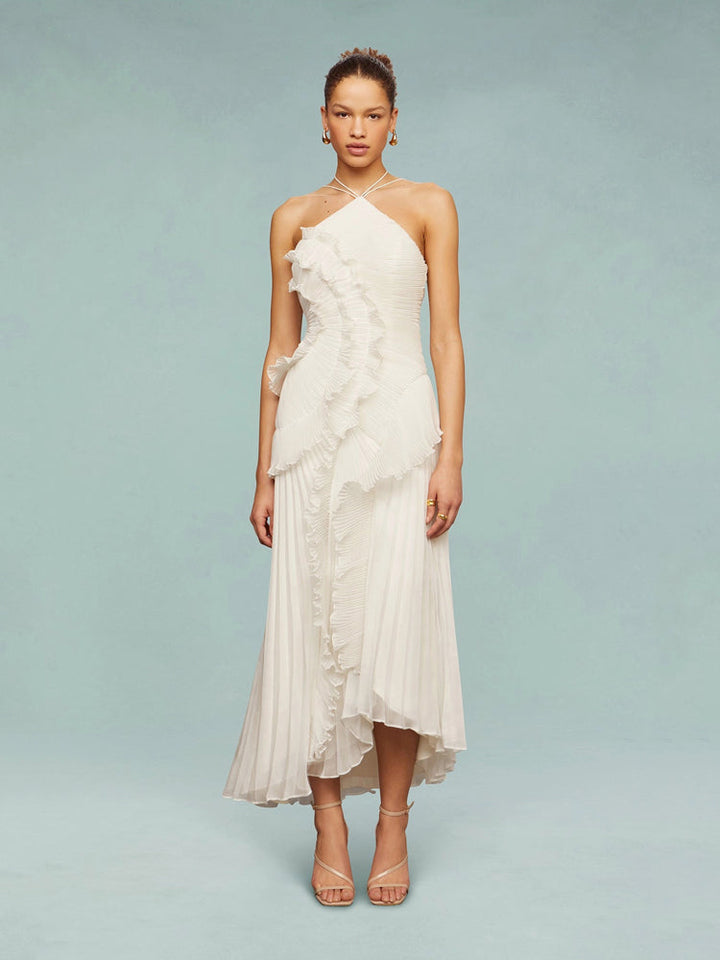 Vivienne – Pleated Halter Maxi Dress with Cascade Ruffle
