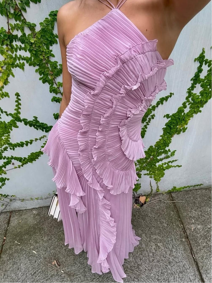 Vivienne – Pleated Halter Maxi Dress with Cascade Ruffle