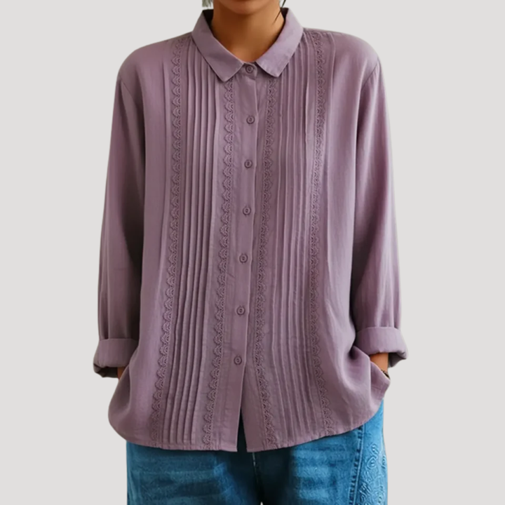 Mackenzie – Pleated Button-Down Blouse with Openwork Trim