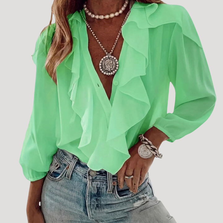 Mabel – V Neck Ruffle Front Blouse with Long Sleeves