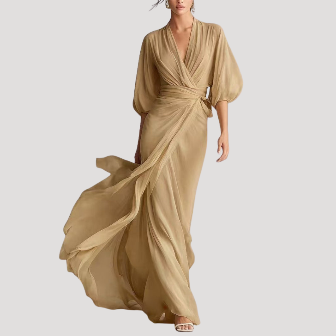 Kayla – Flowing Wrap Maxi Dress with Bishop Sleeves