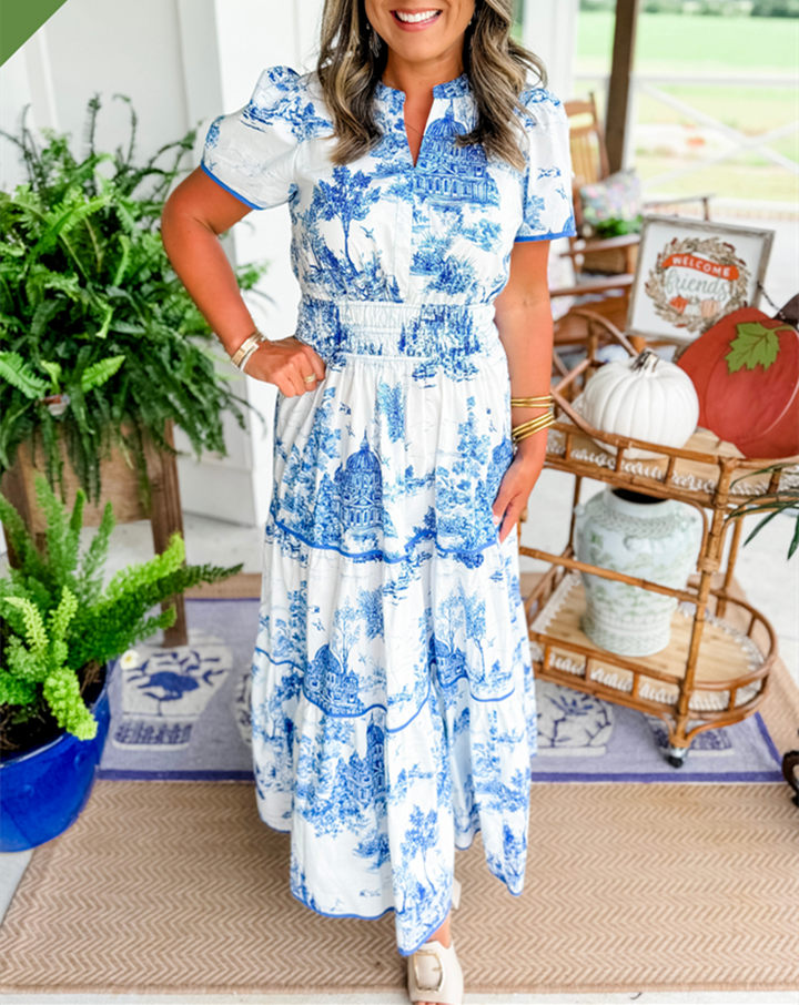 Constance | Tiered Toile Print Maxi Dress with Smocked Waist