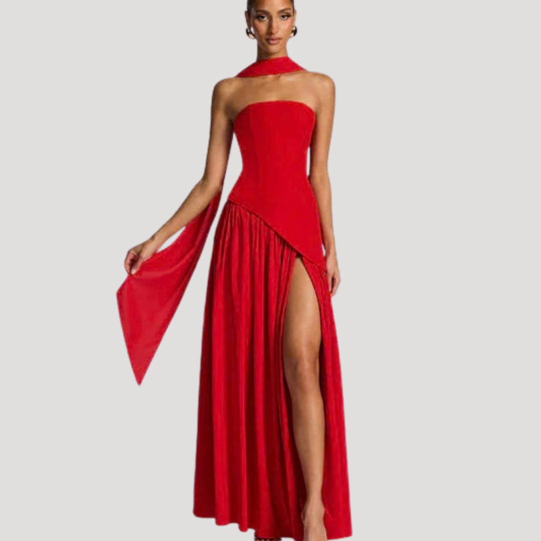 Juliet – Strapless Pleated Maxi Dress with Neck Scarf Detail